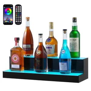 LED Lighted Liquor Bottle Display Bar Shelf With RF Remote And Mobile App Control, 24-Inch Wide, 2-Step Adjustable Shelves, Contemporary Home Bar Decor For Bottles And Glassware, Durable Tempered Glass And Aluminum Frame
