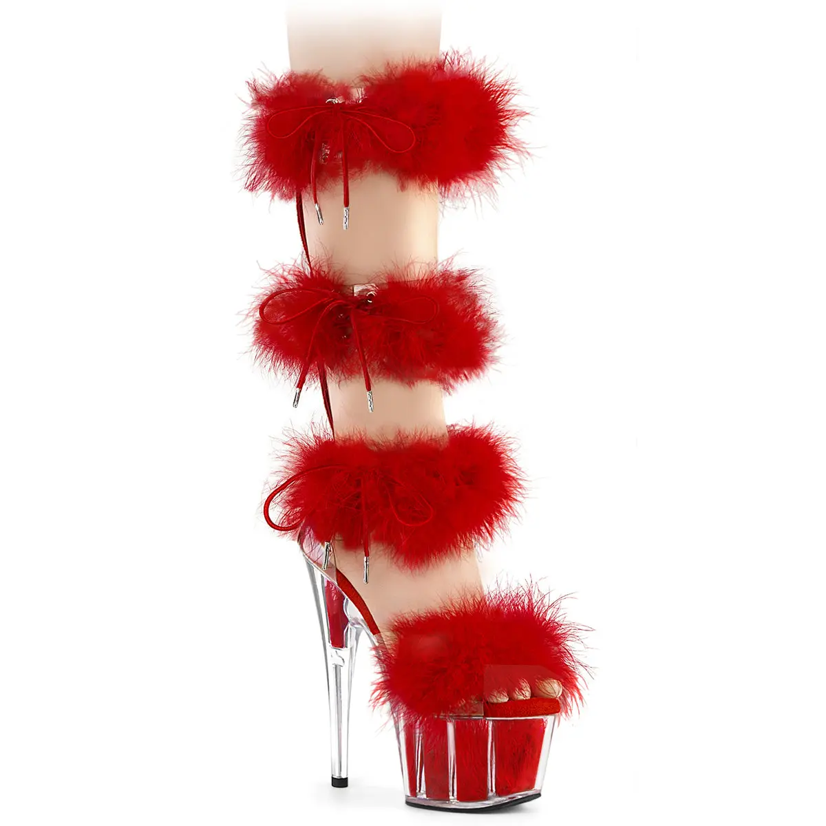 ADORE-728F 7 Inch Heel Clear Red Fur Sandal with Red Fur Accents High Heels Elegant