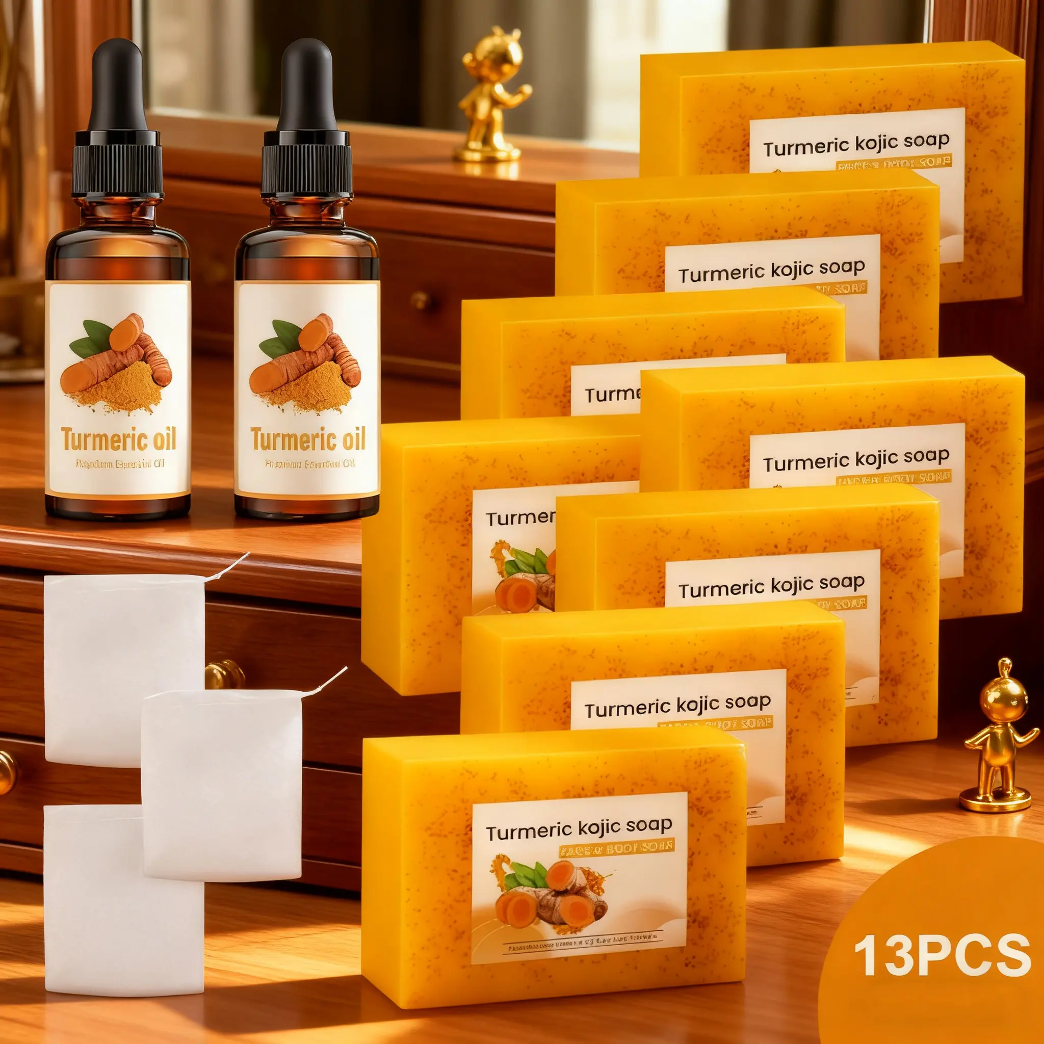 10-Piece Turmeric Care Set, Cleansing, including 8 pcs 100g turmeric kojic acid granular Foaming soap, 2 pcs 30ml turmeric essence, 3 lather nets as gifts, turmeric kojic acid granular soap with turmeric and lemon ingredients, Skin Care Cleanser