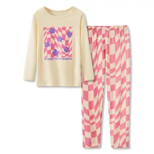 Pink Checker Pajamas for Big / Teen Girls – Cute Autumn 2-Piece Long Sleeves Shirt & Pants PJs Play Set Size 4T - 18