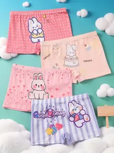 4 Pack Bunny Pattern Girls' Underwear, Cute Knitted Cotton Soft Panties for Daily Wear & Comfortable All-Season Use