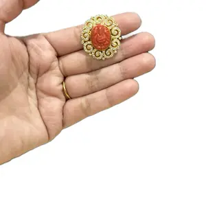 Traditional Red Ganesha Intricate Design Adjustable Gold-Tone Costume Finger Ring