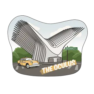 Oculus - 3D Wooden Souvenir Magnet Custom New York City Design with NYC Taxi and Greenwich Street Signage Eco-Friendly Wood Perfect Gift for Architecture Lovers