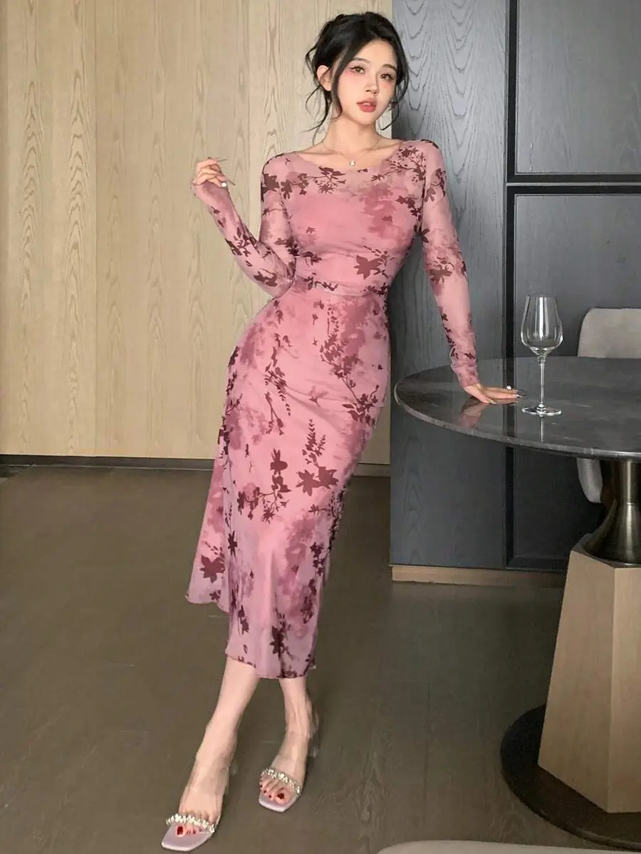 Women Sexy Wrap Style Floral Mid-Length Dress, Spring Fall Long Sleeve Dress Easter Maxi Dress