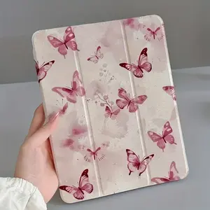 Simple pink butterfly pattern, with adjustable bracket and pen slot, foldable non-slip TPU protective case, suitable for iPad mini, iPad Air, iPad Pro/iPad 10th generation, 11th generation and other series of iPad protective cases