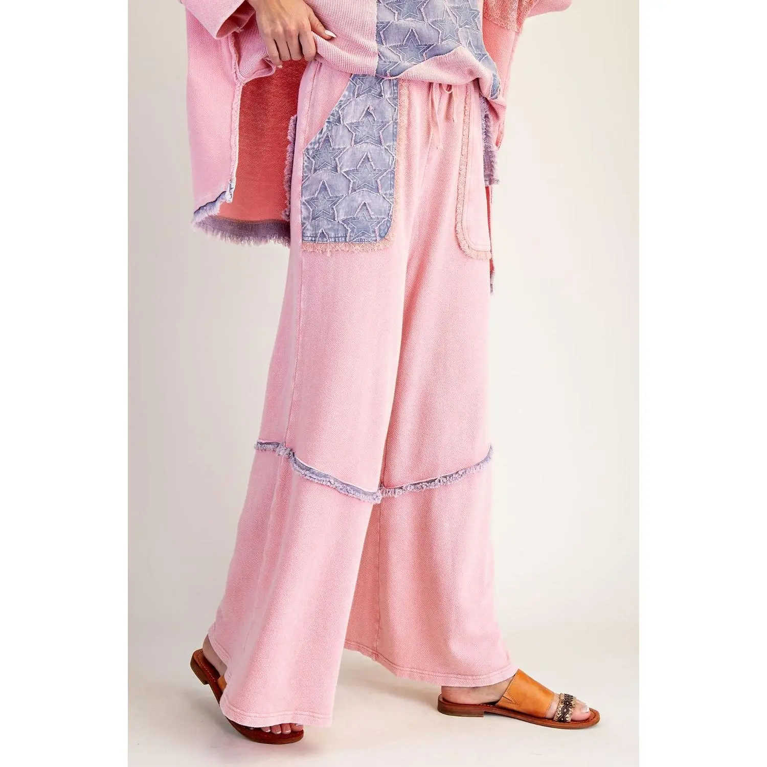 Easel Wild Sky Patch Terry Pants, Bottoms, Oversized, Elastic, Soft, Patchwork Pants