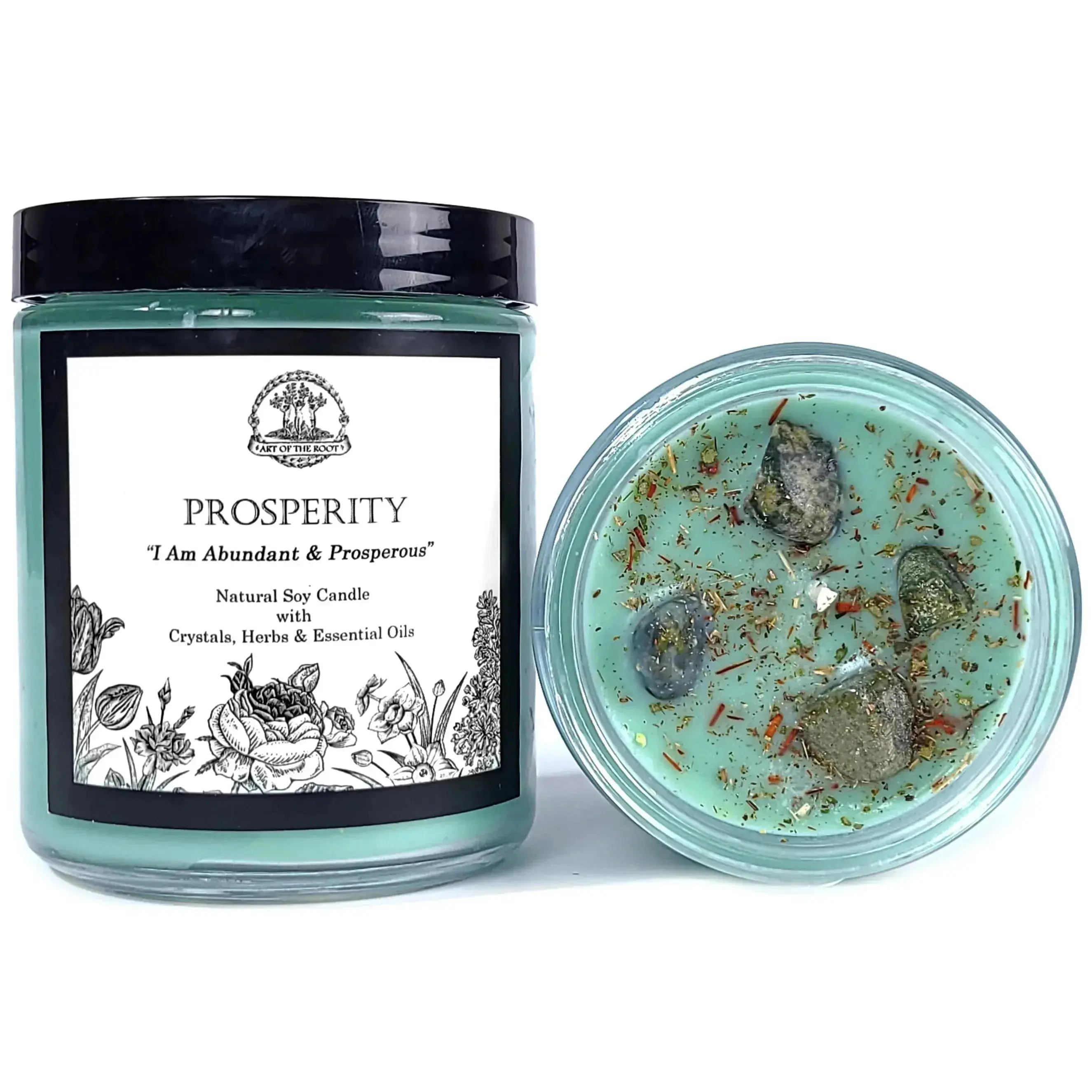 Prosperity Affirmation Soy Candle with Jade Crystals for Abundance, Good Fortune, Luck, Success & Obtaining Goals