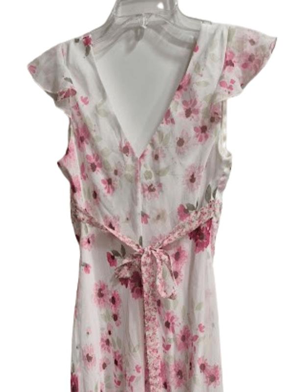 New York & Co Vintage White & Pink Floral Midi Dress with Flutter Sleeves Ruffle Hem Size 6 Sheer Fabric Fully Lined for Special Occasions