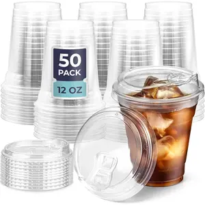 50 Pack 12 oz Clear Plastic Cups with Strawless Sip , Disposable Plastic Coffee Cups with , To Go Cups for Iced Coffee, Smoothies, Soda, Party Drinks, Bubble , Cold Beverage