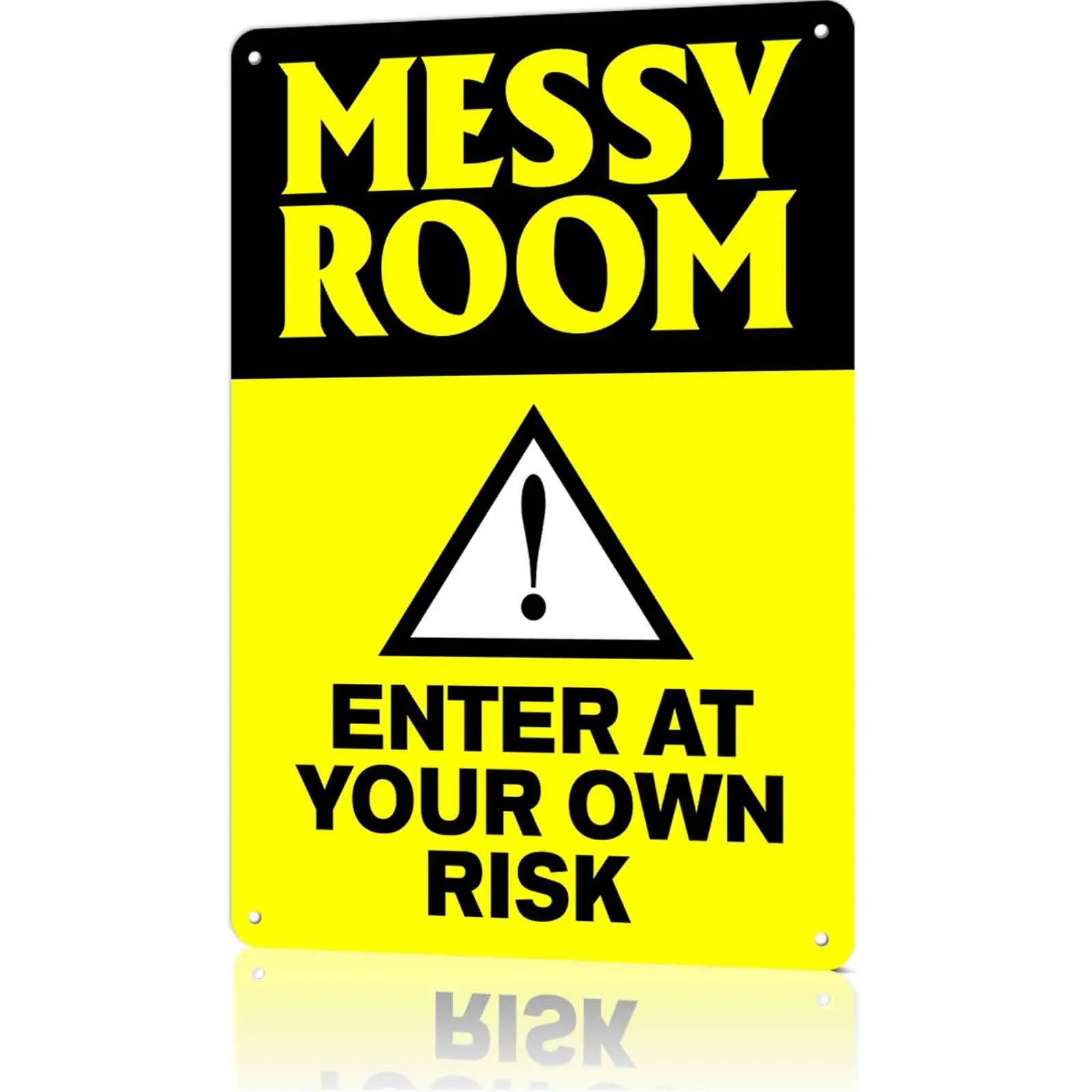 Messy Room Enter At Your Own Risk Warning Metal Tin Sign, 12x8 Inch Aluminum Wall Art, Vintage Funny Bedroom Poster, Gag Gift for Teens, Kids, Novelty Room Decor