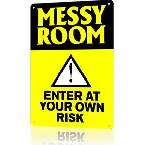 Messy Room Enter At Your Own Risk Warning Metal Tin Sign, 12x8 Inch Aluminum Wall Art, Vintage Funny Bedroom Poster, Gag Gift for Teens, Kids, Novelty Room Decor
