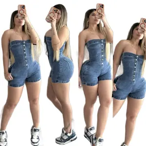 Premium Colombian Stretch Denim Romper - Women's Strapless Button Front Jumpsuit with High Waist and Short Leg Design Jumpsuits Overalls Womenswear Sleeveless