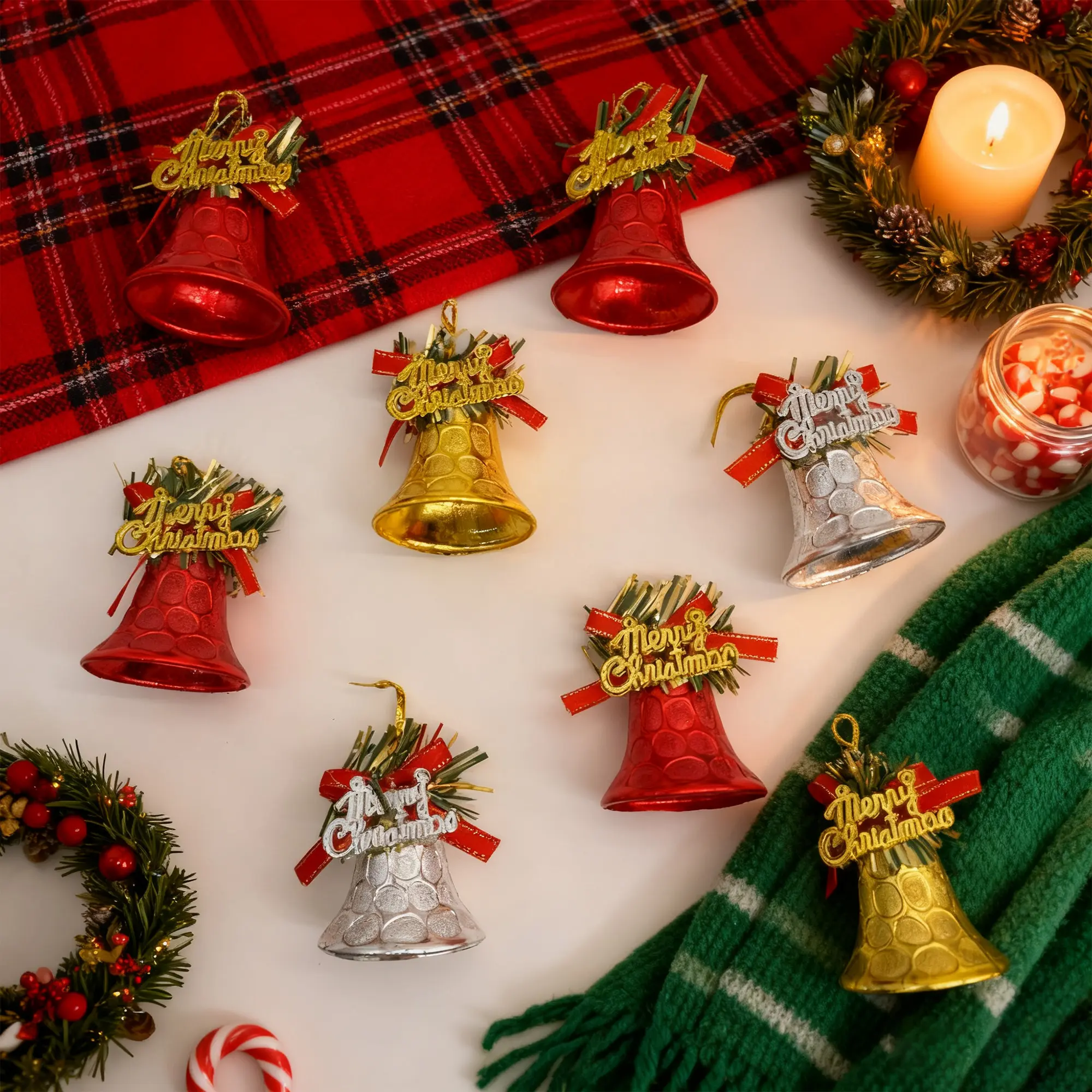 4-Pcs Hangable Bell-Shaped Decorative Ornaments Set - Easy-to-Use Holiday Decor for Home, New Year Christmas Tree Accent, Party Supplies Mantel & Wreath Hanging Accessory