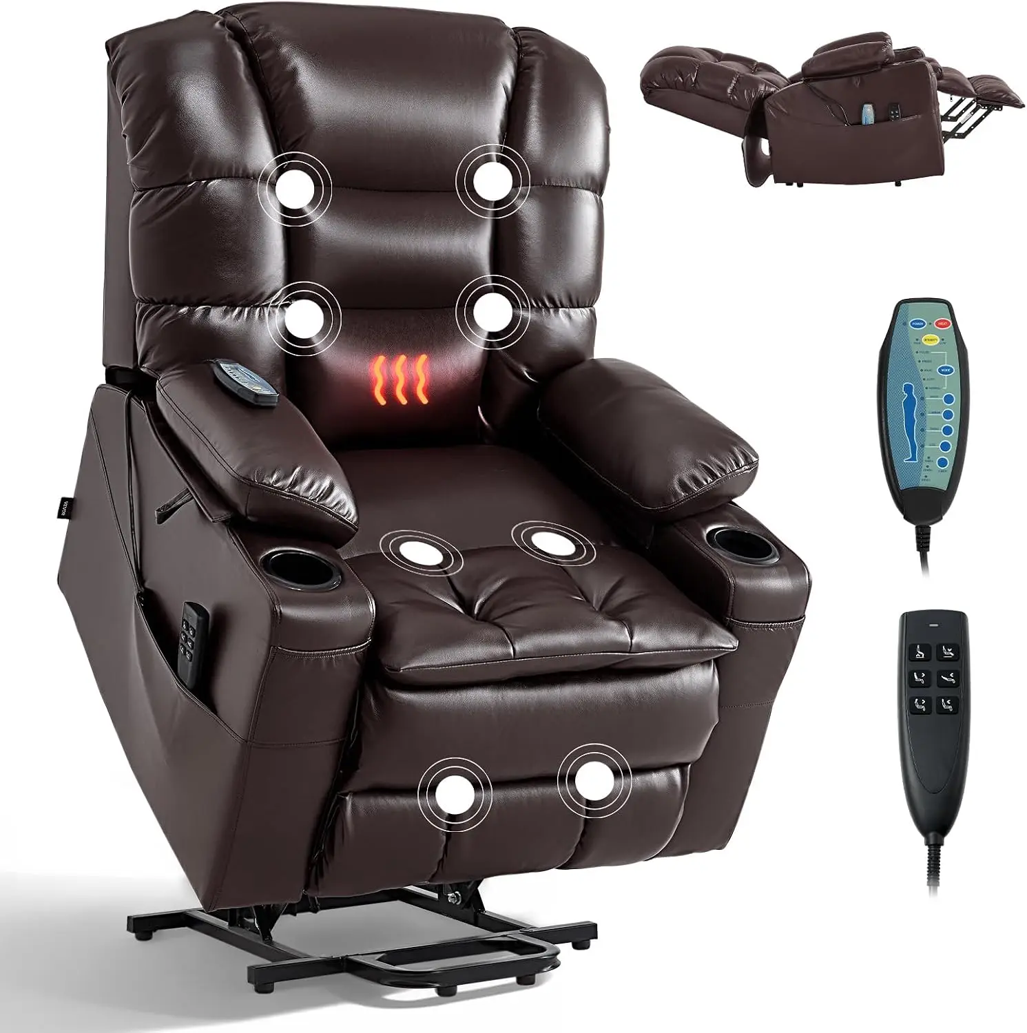 VEVOR Triple Motor Power Lift Recliner Chair, Large Lift Chair with Heat and Massage for Elderly, Position Adjustable, Leather Surface with Storage Pockets and Cup Holders, Brown