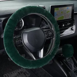 Furry  Steering Wheel Cover with Gear Shift Cover, Soft and Warm, Cute Fluffy Auto Decor for Women Men, Standard Size, 2 count Set, Dark Green