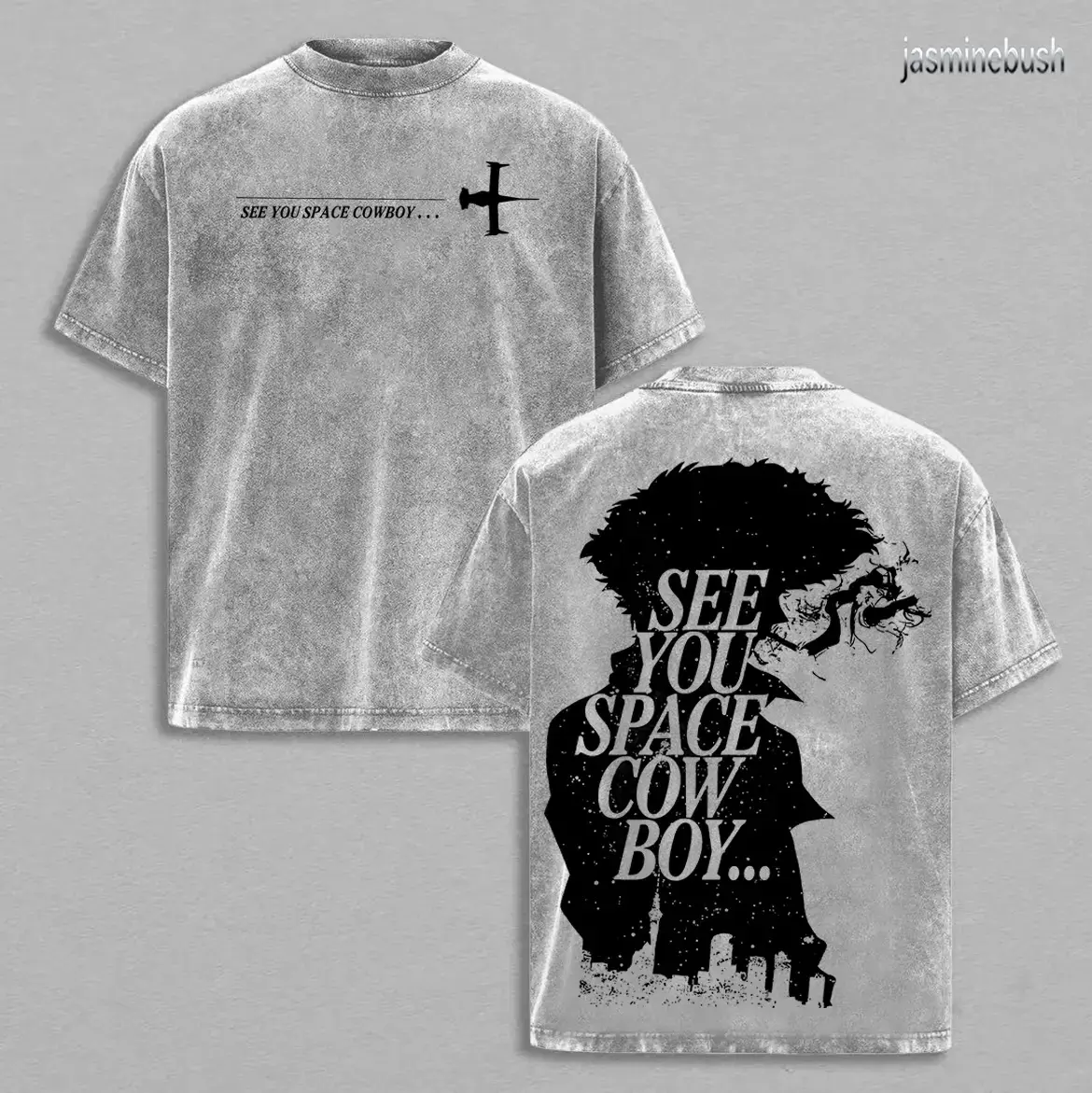 Spike x Cowboy Bebop Anime Double Printed Vintage Washed Tee Unisex Oversize Heavyweight Cotton T-shirt for Anime Fans and Lovers