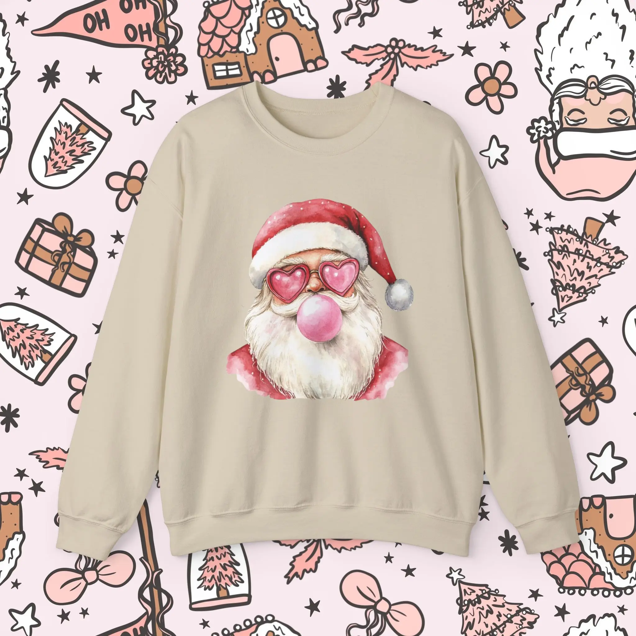 Bubblegum Santa Sweatshirt, Cute Christmas Holiday Unisex Crewneck Jumper, Festive Xmas Sweater Gift, Winter Apparel