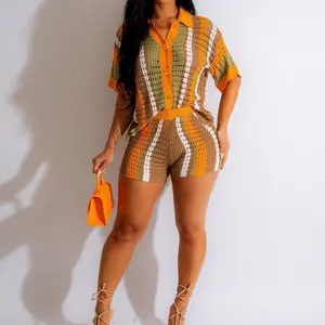 Two-pieceSetWomen'sHollowOutButtonFrontTop&HighWaistShortsSet,SummerClothes,CrochetClothingSets,CasualColorblockStripedPrintShortSleeveCollaredTop&ShortsWomenswearKnitwear