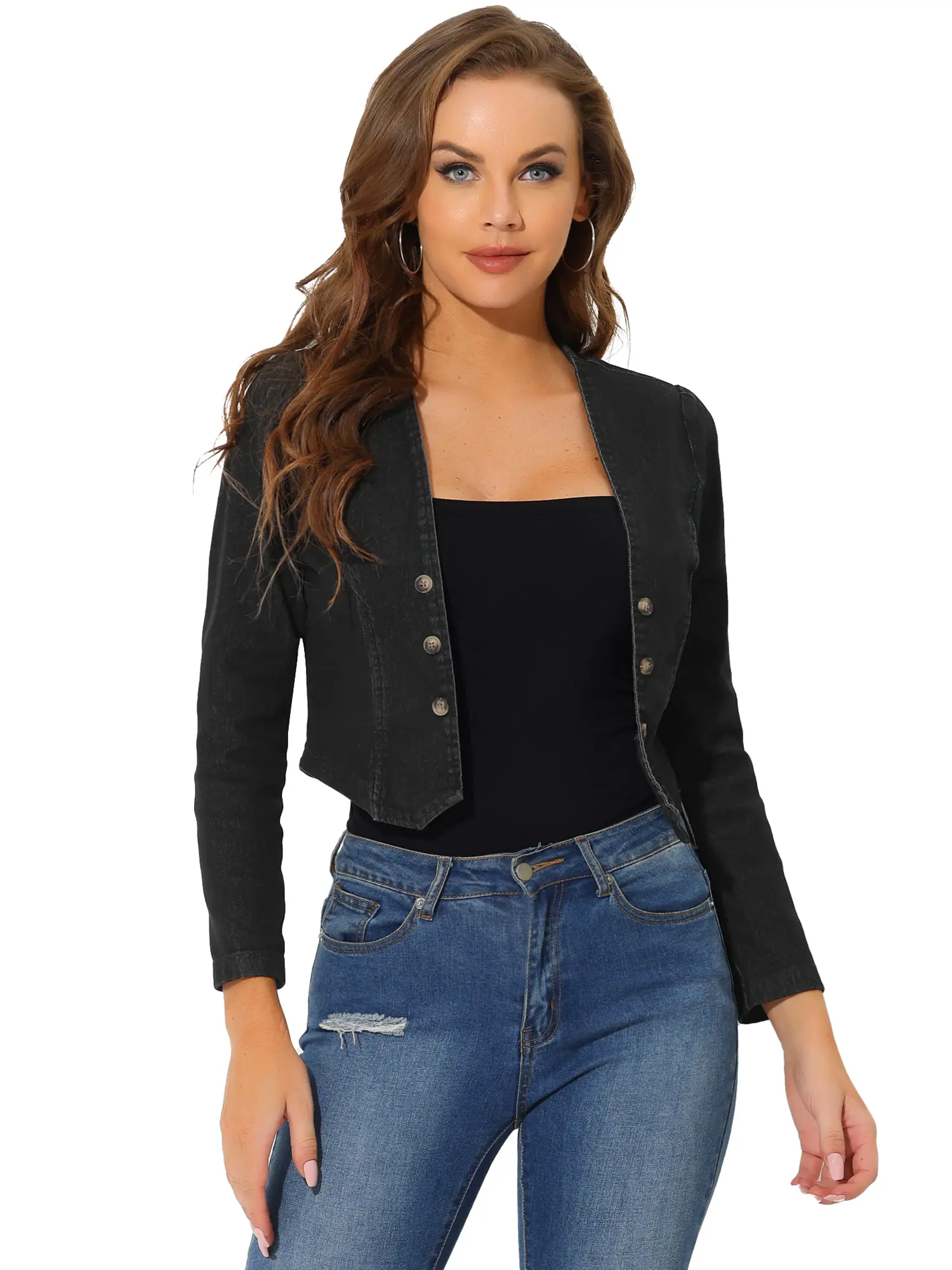 INSPIRE CHIC Collarless Jackets Women's Denim Double Breasted Crop Open Front Cardigan
