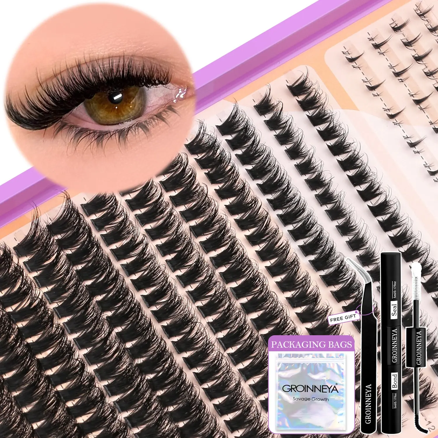 GROINNEYA 16 Rows Medusa Lash Clusters, Cat Eye Lashes, Volumized False Eyelashes, Volume Eyelash, 5D Faux Mink False Lashes 10-18mm Mix Length Eyelash Clusters, Manga Bottom Lashes DIY Eyelash Set, With Lash Bond And Seal, Lash Tweezers