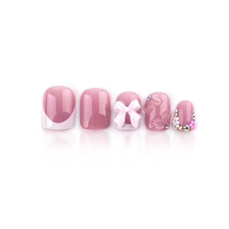 Press on Short Square Fake Nails with 3D Bow Charms Design - Flower False Glue on Cute Acrylic Rhinestone Glossy Full Cover Stick on for Women Manicure - 24Pcs Press on Short Square Fake Nails with 3D Bow Charms Design - Flower False Glue on Cute Acrylic Rhinestone Glossy Full Cover Stick on for Women Manicure - 24Pcs
