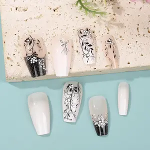 Black Flower Pattern Fake Nails with Nail File & Tape, 24pcs Removable False Nails for Women Girls Nail Art, Effortless Press on Nails Manicure Set, Acrylic Nails, Flower Design Nails, Floral Embellished Rhinestone, Acrylic Nail Kit, Nail Art Stickers