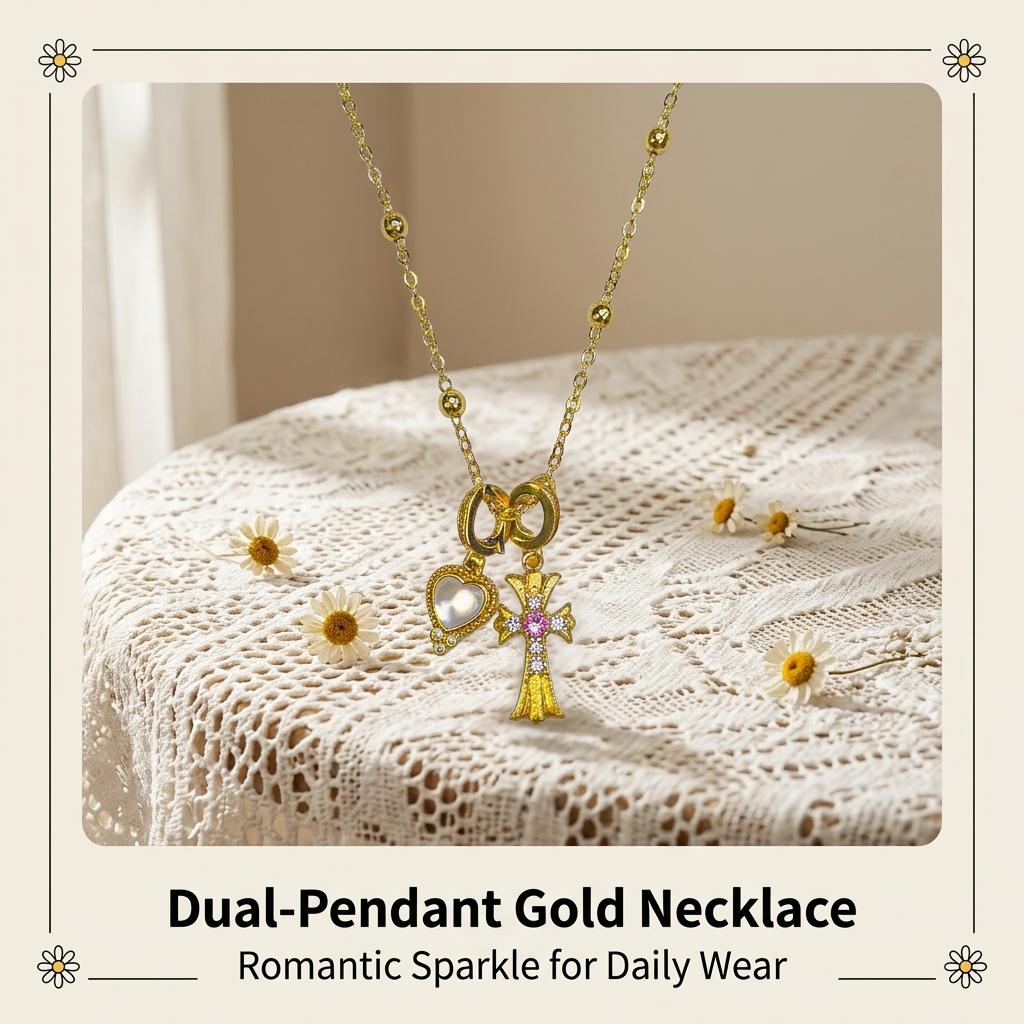 Pink Diamond Cross & Heart Shell Pendant Clavicle Necklace