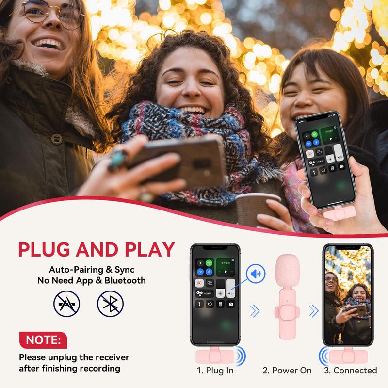 2 Pcs Pink Wireless Lavalier Mini Microphone for iPhone iPad, Professional Lapel Mics, Plug-Play,Ultra-Low Delay Noise Reduction Chip of Lapel Microphone for Video Recording Interview Conference Podcast Vlog