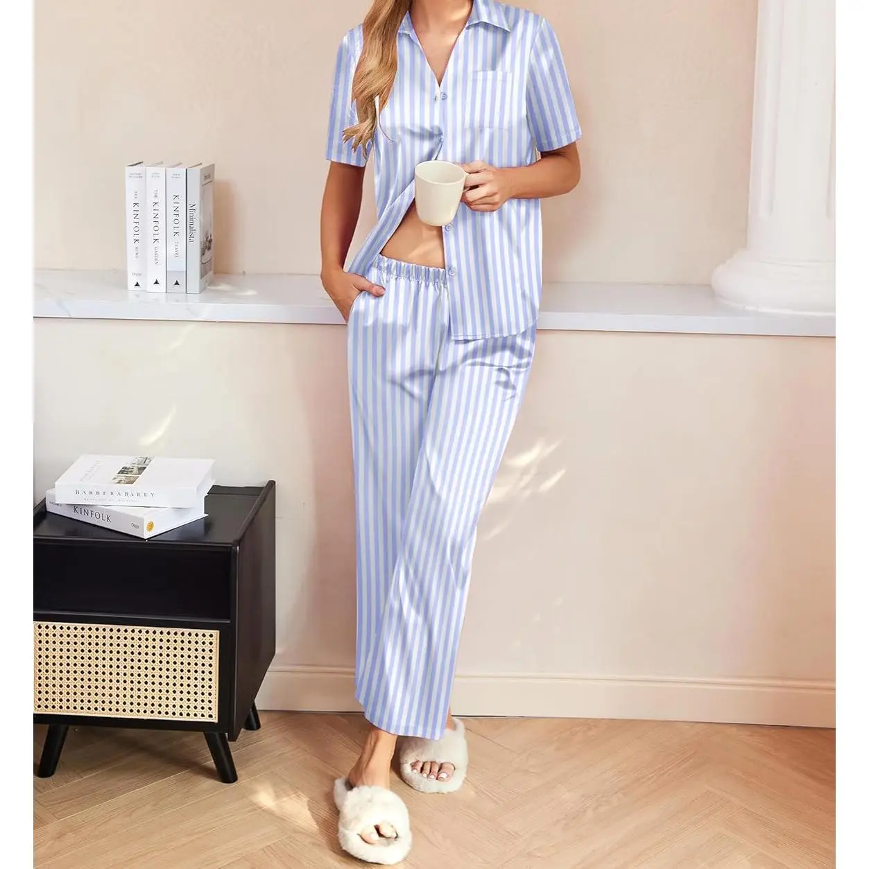 Women's 2-Piece Silk Satin Pajama Suit - Soft Button-Down Shirt, Wide Leg Long Pants with Pockets, Crop Top Blouse Option, Short-Sleeve, Breathable Fabric, Loose Fit, Chic Bridal Loungewear (Stripe Design Available), Comfy