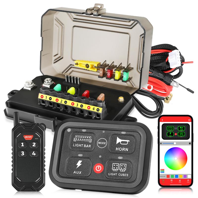 YCHOW-TECH RGB 4-Button LED Light Switches, Wireless 4-Gang Controller with App Control & Remote for Off-Road Trucks, UTVs (RGB LEDs Compatible)