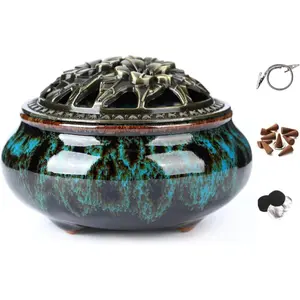 Sky Blue Nature-Infused Ceramic Calabash Censer - Aroma Ambiance Calming Cones Ready-to-Use Incense Holder for Cone, Coil, Resin, Powder Incense (Home Fragrance Supply), Ambiance Incense Holders