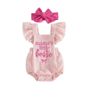 [Lullaby] Baby Girl 2Pcs Summer Outfits Ruffle Sleeveless Bow Embroidery Romper with Headband Set Newborn Clothes