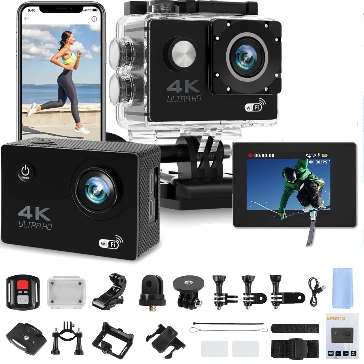 Action Camera, 1080P 12MP Sports Camera Full HD 2.0 Inch Action Cam 30m/98ft Underwater Waterproof Snorkel surf Camera with Wide-Angle Lens and Mounting Accessories Kit
