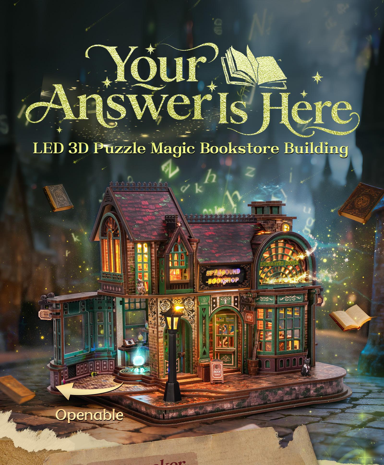 SummerVibes FUNPOLA Magic Bookstore - LED 3D Wooden Puzzle DIY Spellbound Miniature Bookshop Architecture Craft Gift for Book Lovers