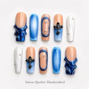 Press On Nails Long Coffin 10 Pieces, Handcrafted Blue Ombre Gothic Nails with 3D Cross Charms, Rhinestones, and Textured White Marble Accents, Luxury Y2K Reusable Fake Nails for Women