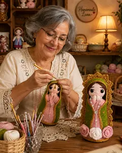 Handmade Pink Crochet Virgin Mary Doll with Rosary, Our Lady Amigurumi Prayer Plush, Catholic Religious Gift for Mom Grandma