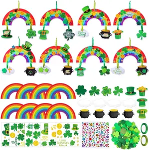 48 Sets St. Patrick's Day Crafts Kit Rainbow Paper Crafts Green Shamrock Four-Leaf Lucky Clover Irish DIY Hanging Ornaments with Diamond Stickers for Classroom Activities Arts Party Favors