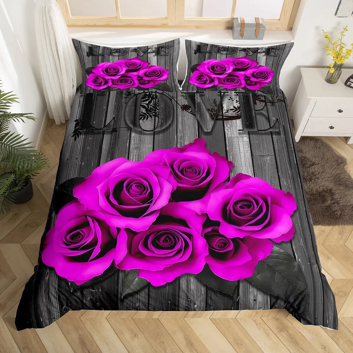 Rose Bedding Set, Large Floral Print, Polyester, All Seasons, Bedroom or Guest Room, Valentine's Gift