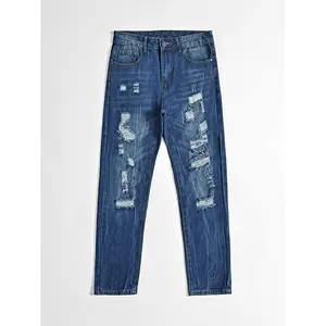 Dark Blue High-Cotton Straight-Leg Jeans | Heavy Distressed Denim
