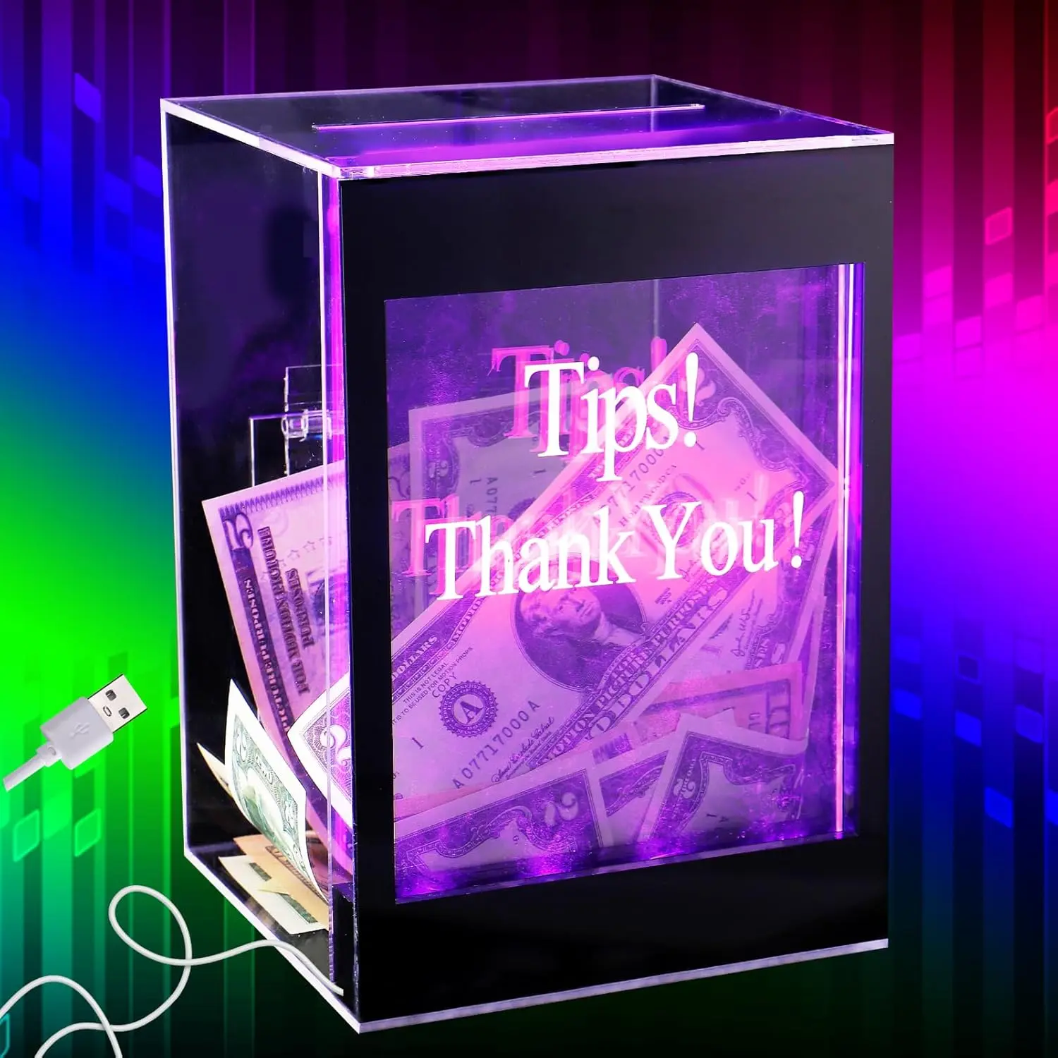 Light Up Tip Jar with Removable Writeable Blank Sign - 20 Colors Changes  Donation Ballot Raffle  Box with Lock, Key, Re-mote, USB , for Bartender Restaurant Band