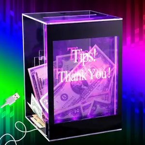 Light Up Tip Jar with Removable Writeable Blank Sign - 20 Colors Changes  Donation Ballot Raffle  Box with Lock, Key, Re-mote, USB , for Bartender Restaurant Band