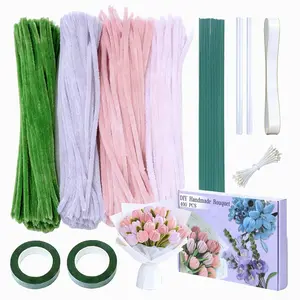 400 count Pipe Cleaners Craft with 4 Chenille Stems Assorted Colors Bulk, Plus Floral Wires, Gardening Tape, Stamen & Ribbon for DIY Flower Making Crafts