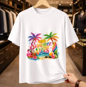 Summer Vibes Vacation T-Shirt | Beach Party Flamingo Graphic Tee | Tropical Palm Tree Surfboard Shirt for Women | Colorful Sun & Sea Aesthetic Top | Trendy Holiday Outfit cotton short-sleeved