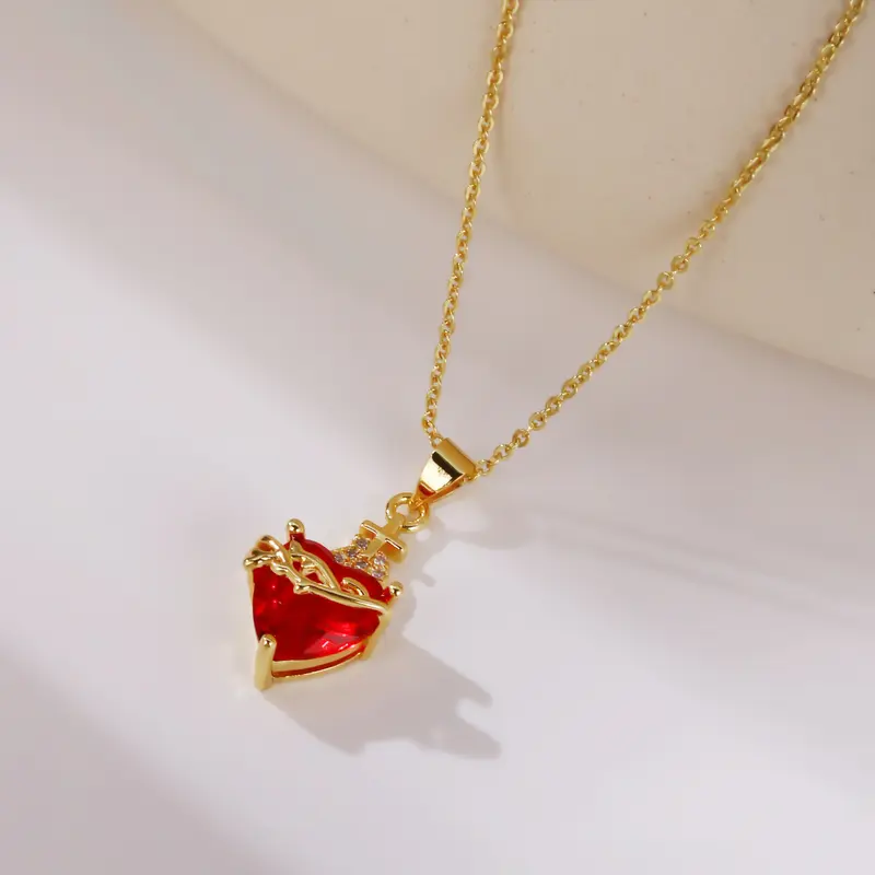1PC Red Cubic Zirconia Sacred Heart of Jesus Necklace For Women Chritian Cross Pendant Necklace Women Jewelry Love Heart Necklace Charm Necklace Heart Design Necklace