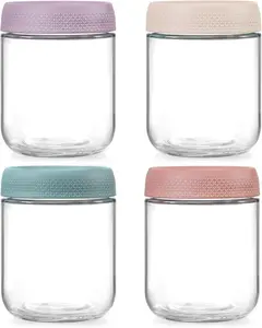 4-Pack 16oz Glass Jars with Airtight Lids Wide Mouth Mason Salad Jars BPA-Free Food Storage Containers for Snacks Yogurt Spice Sugar Kitchen Utensils