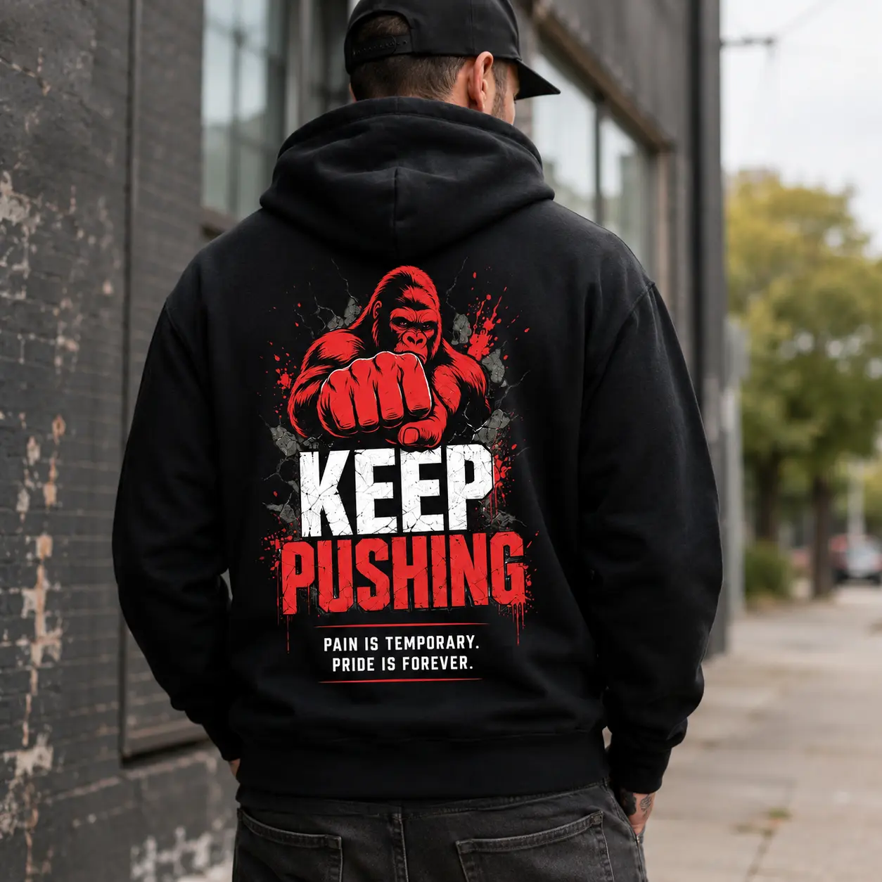 Keep Pushing Hoodie, Motivational Gorilla Graphic Pullover, Pain Is Temporary Pride Is Forever Hoodie, Gym Motivation Back Print, Fitness Mindset Apparel, Workout Inspired Hoodie