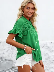 A women's solid color pleated shirt blouse with buttons, linen and cotton stand-up collar, short sleeves, suitable for summer, suitable for daily commuting and wear