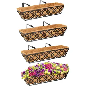 Y&M Flower Boxes for Deck Railings 24inch 4packs, Deck Railing Planter Boxes with Coir Liner Outdoor Railing Window Boxes Planters Hanging Planter Flower Box planter basket