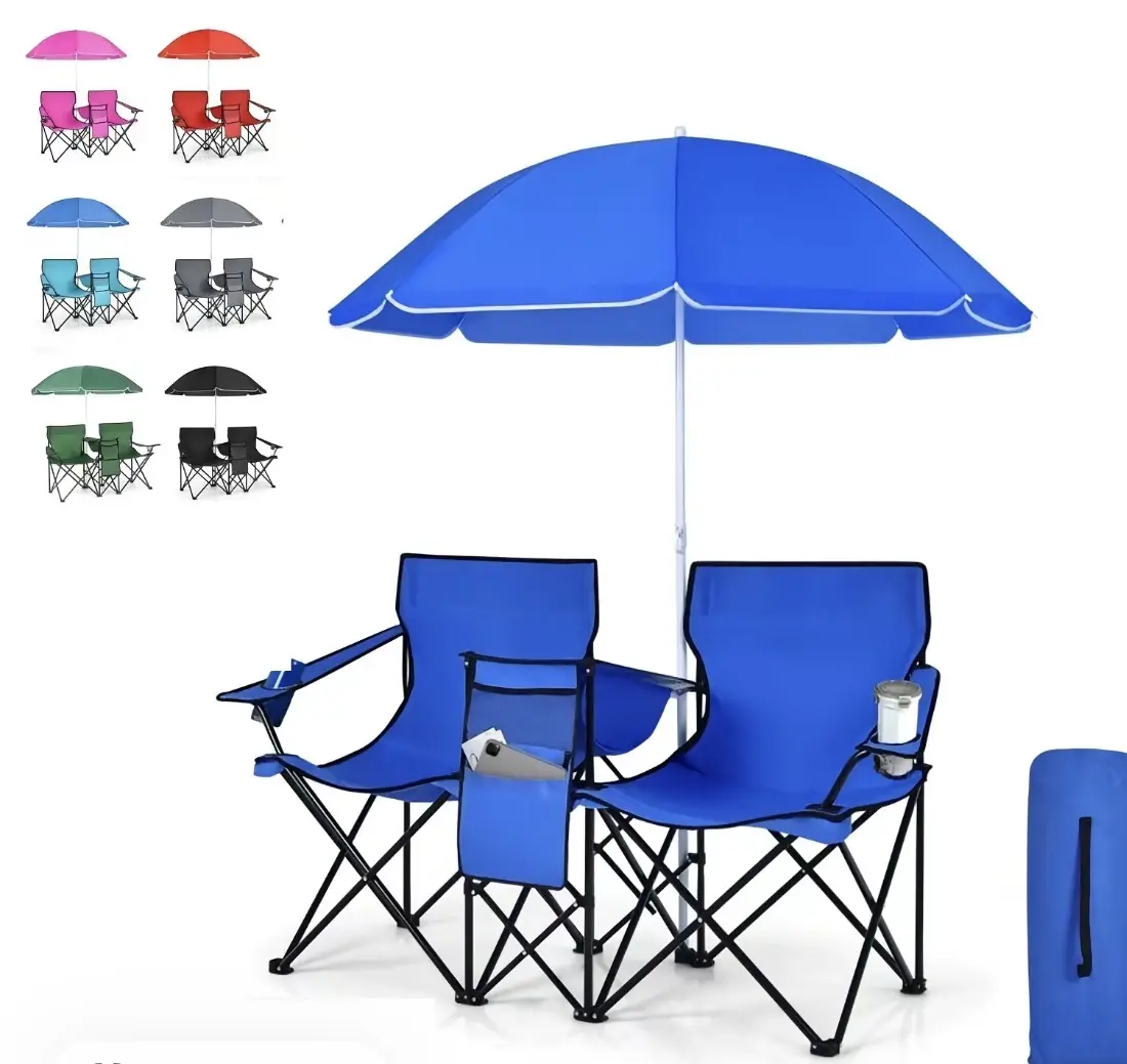 Portable Blue Double Folding Camping Chair Set with Umbrella and Center Cooler