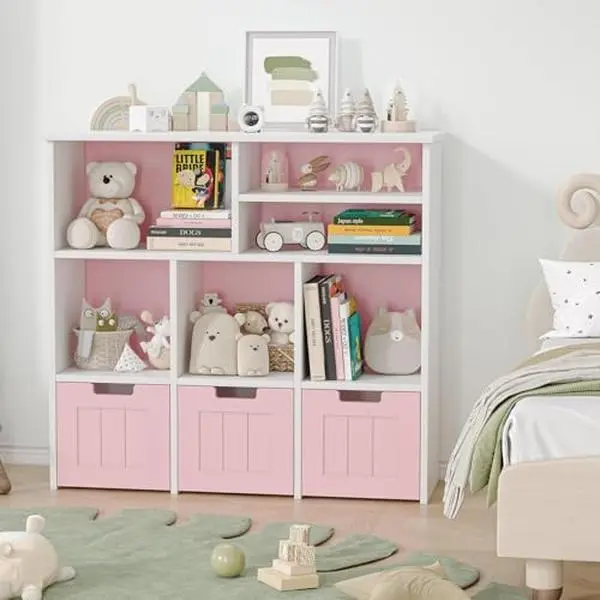 GARVEE Kids Bookcase Toy Organizer - White/Pink Storage Cabinet with 3 Movable Drawers, Hidden Wheels | Multi-Purpose Nursery & Playroom Furniture,Pink